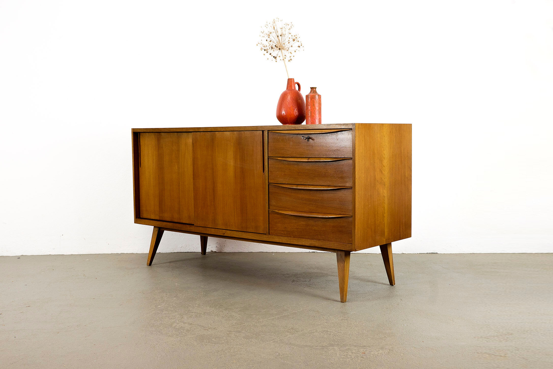 Midcentury Walnut Sideboard with sliding doors and drawers, 1950s