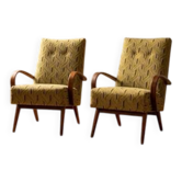 Chaises à bras en bois cintré restaurées par Jaroslav Šmídek, paire, Tchécoslovaquie, nouvelle tapisserie beige et jaune, 61 × 82 × 81 cm