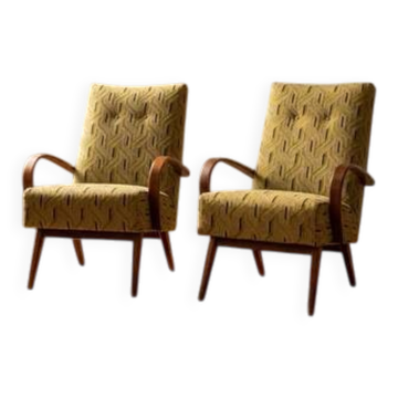Restored bentwood armchairs by Jaroslav Šmídek, pair, Czechoslovakia, new beige & yellow upholstery, 61 × 82 × 81 cm