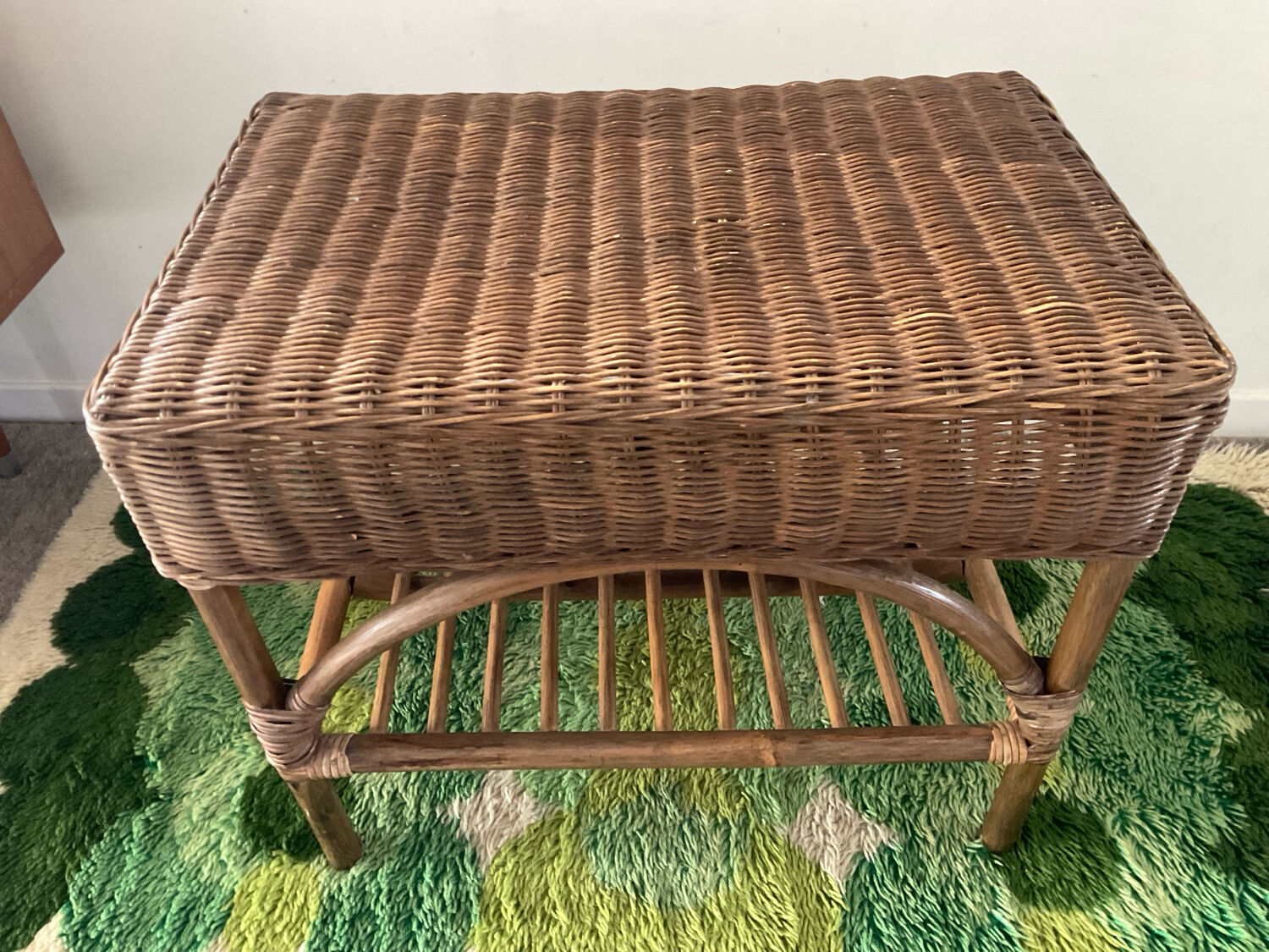 Vintage rattan and wicker bench from the 1970s
