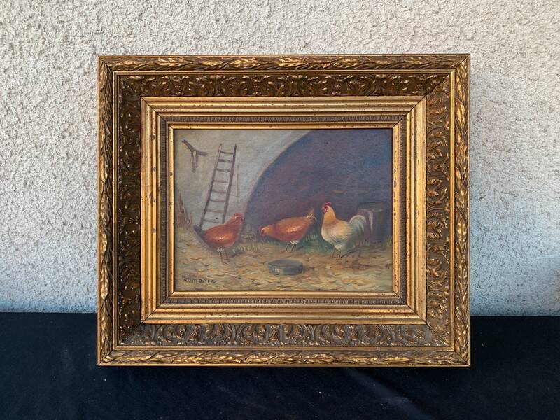 Framed painting of chickens in a chicken coop signed romania