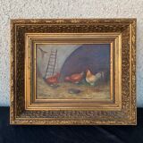 Tableau de poules dans un poulailler encadré signé romania