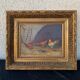 Framed painting of chickens in a chicken coop signed romania