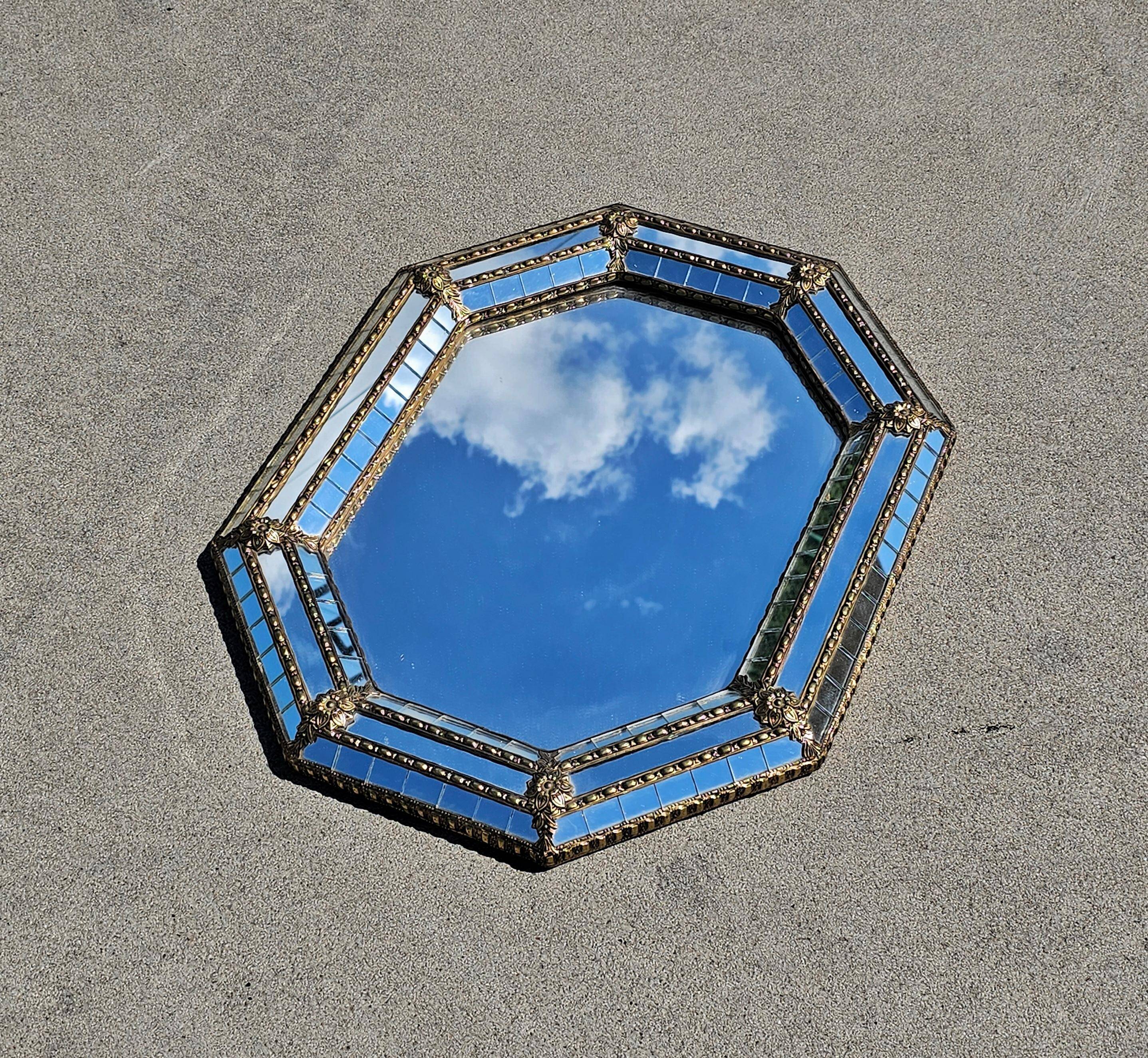 Octagonal Hollywood Regency Mirror with Floral Brass Accents, 1970s