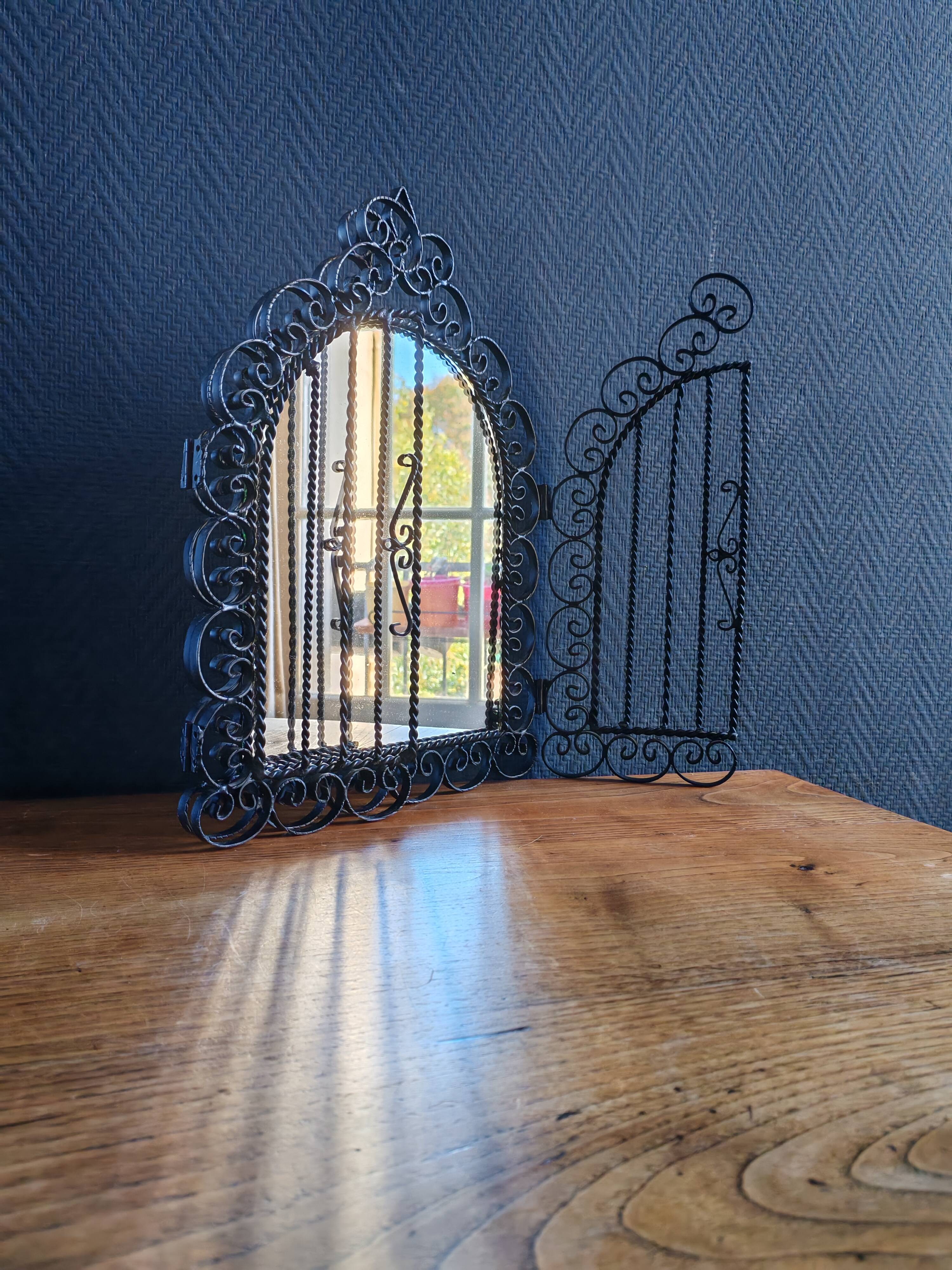 Vintage Black Wrought Iron Triptych Mirror