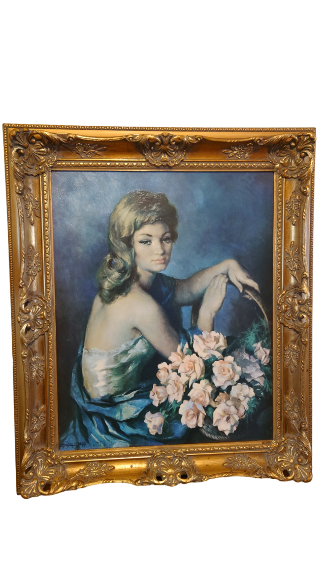 Huile sur toile signé Francisco Ribera femme au bouquet de roses 1906-1990  | Selency