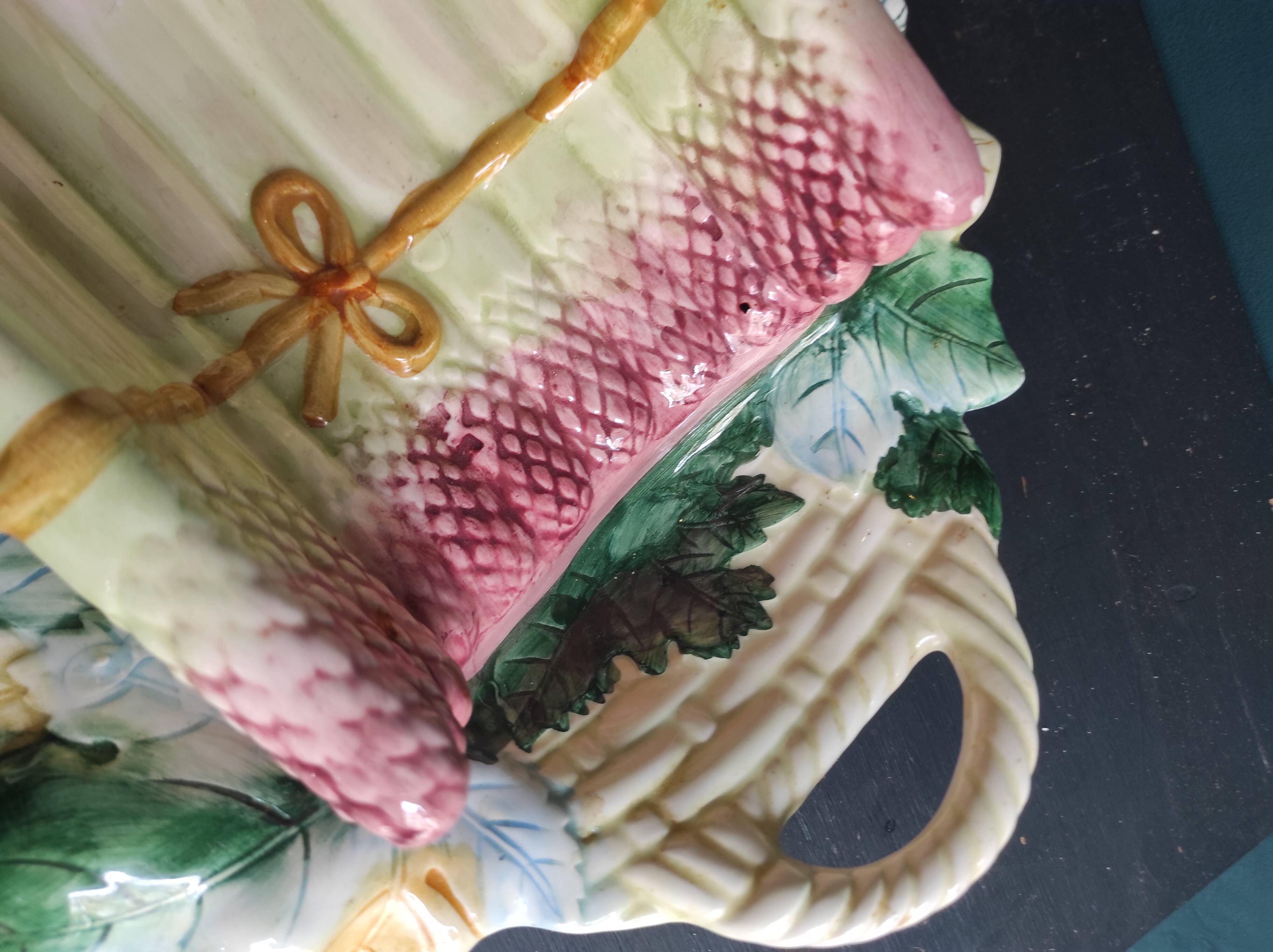 Vintage French asparagus serving tray in Majolica