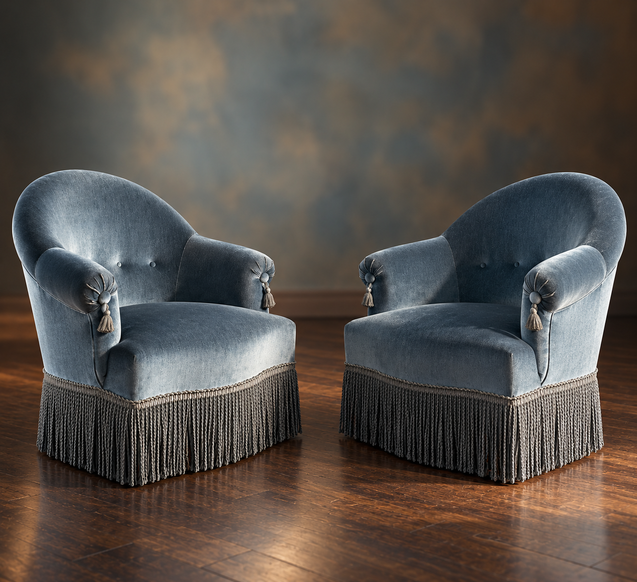 Pair of vintage blue velvet tub chairs