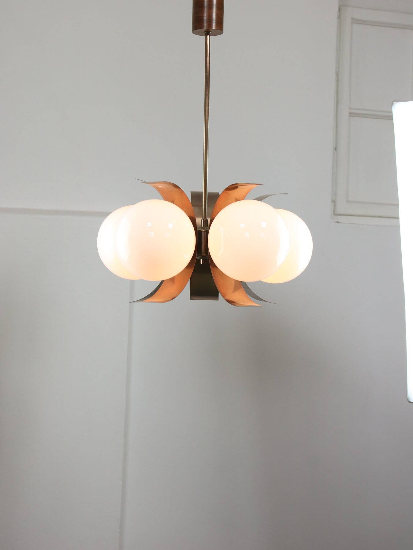 Vintage Italian Copper and Opaline Chandelier, 1970s