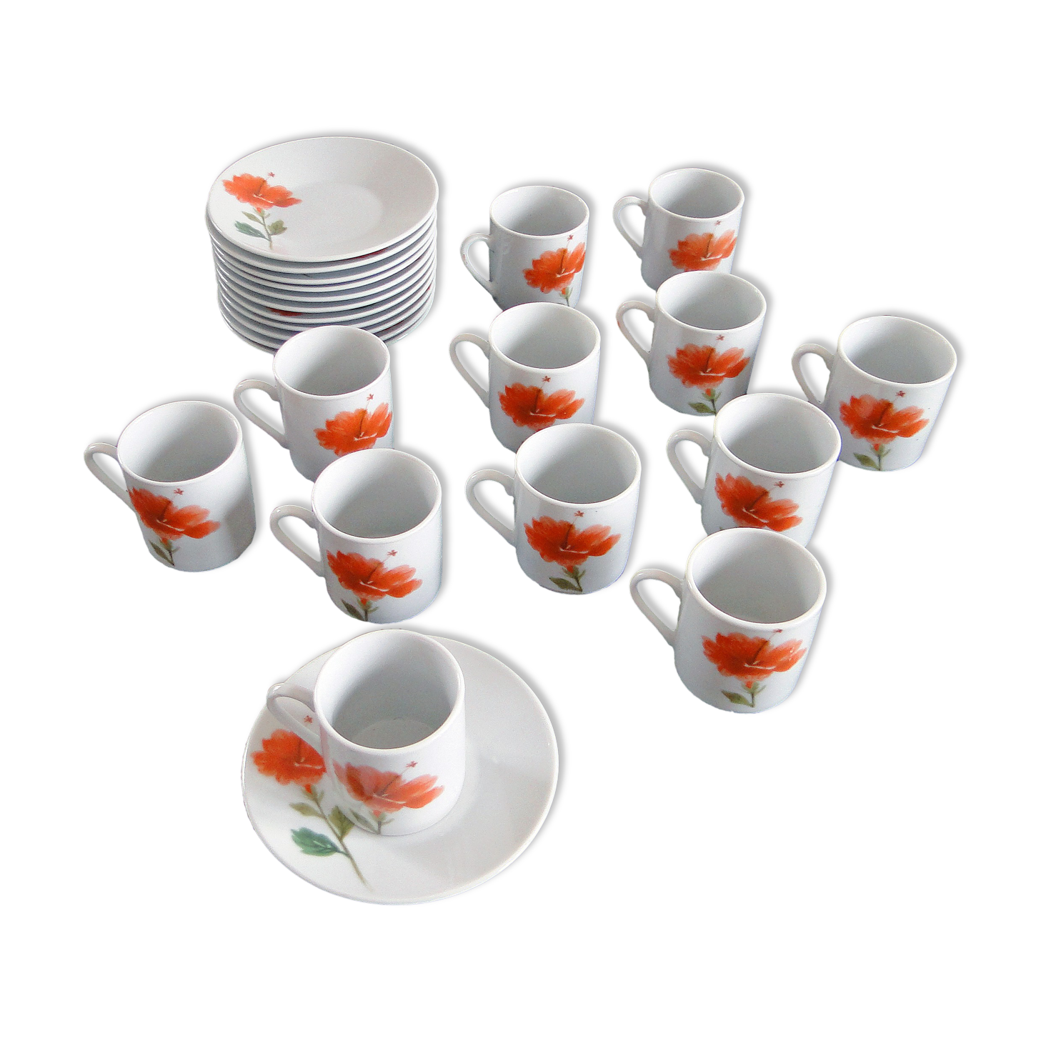Coffee service 12 cups porcelain pattern poppy pottery of the Marais vintage 70s