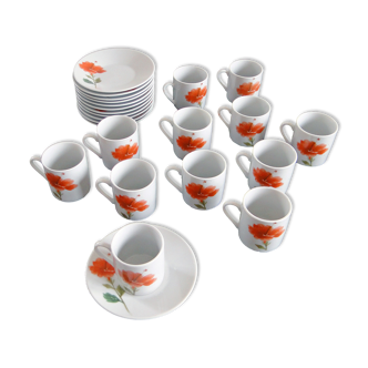 Coffee service 12 cups porcelain pattern poppy pottery of the Marais vintage 70s