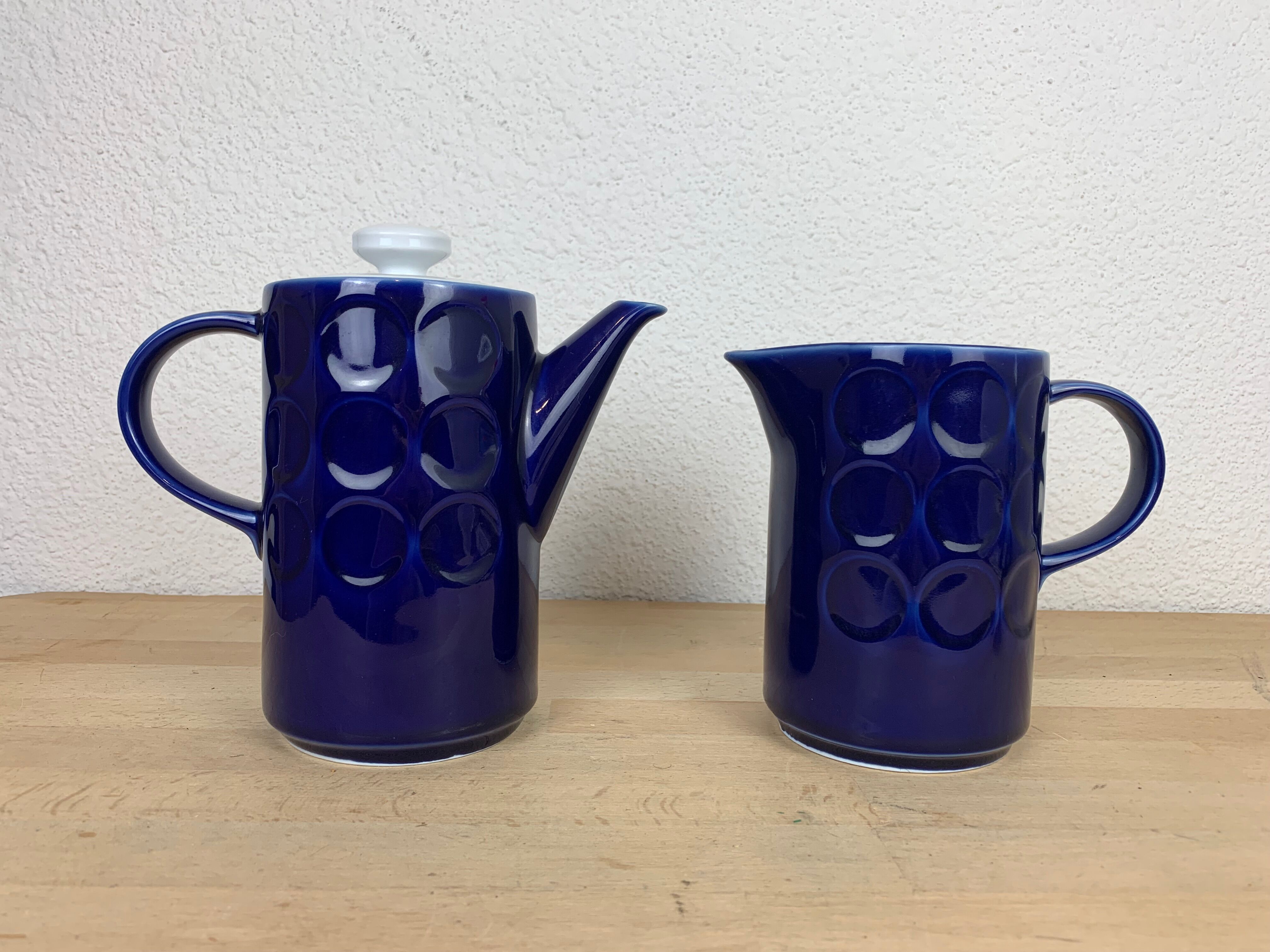 Vintage teapot and pitcher, blue ceramic