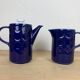 Vintage teapot and pitcher, blue ceramic