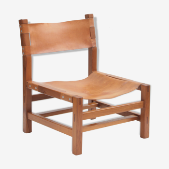 Maison Regain elm and leather armchair, 1970