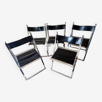Fontoni et Geraci - Série de 5 chaises pliantes en métal chromé et cuir noir - Modèle Elios - Design