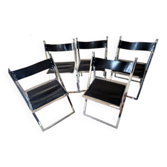 Fontoni and Geraci - Series of 5 folding chairs in chrome metal and black leather - Elios model - Design