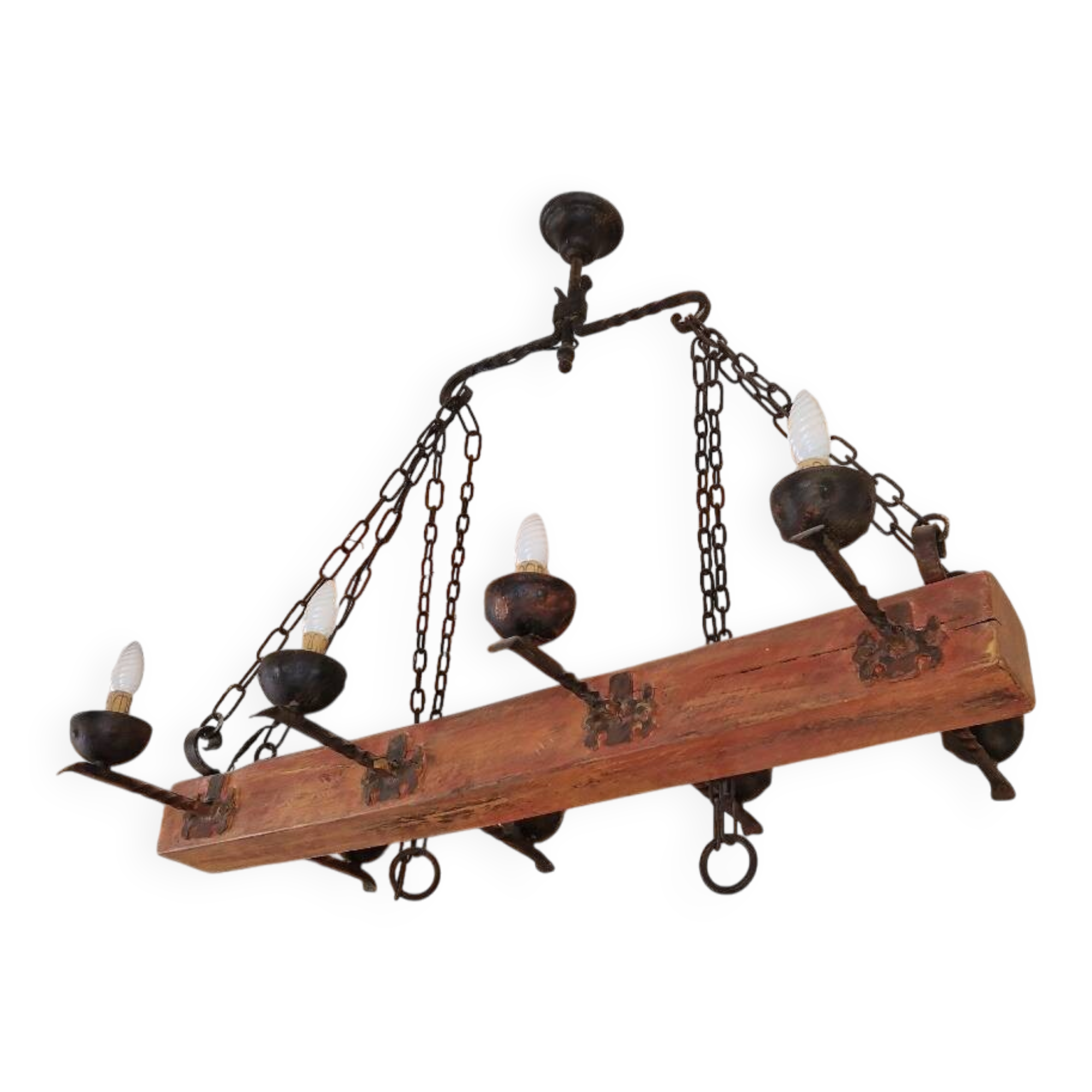 Wood and forged metal chandelier