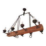 Wood and forged metal chandelier