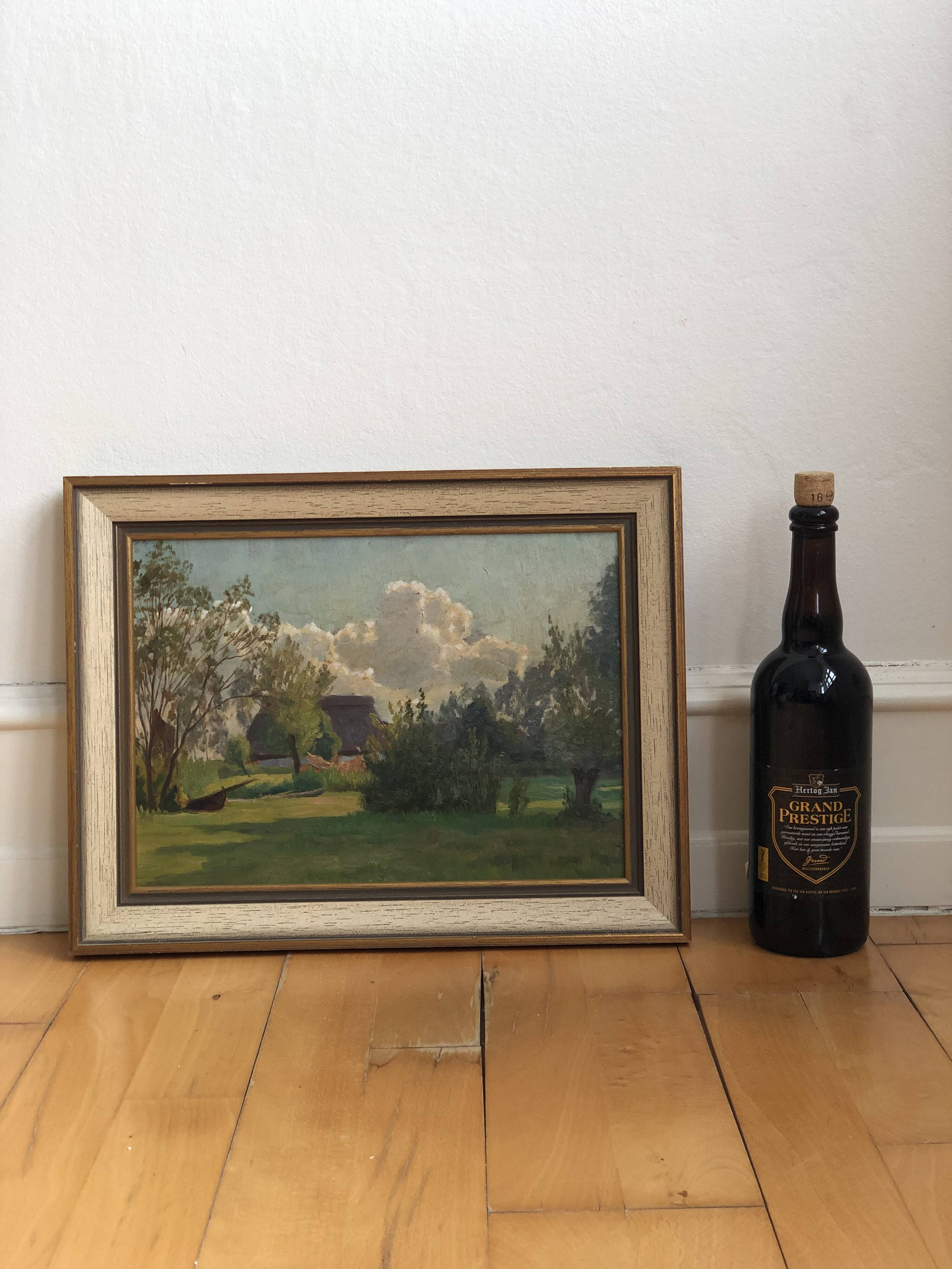 Vintage Original Landscape Oil Painting: Framed Countryside Cottage Art