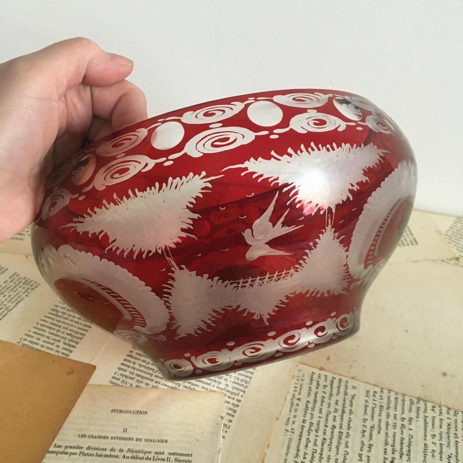 Old Cup Bohemian Crystal Bowl Cut & Engraved Ruby Red