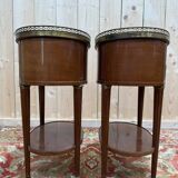 Pair of Louis XVI drum bedside tables in solid mahogany and marble.