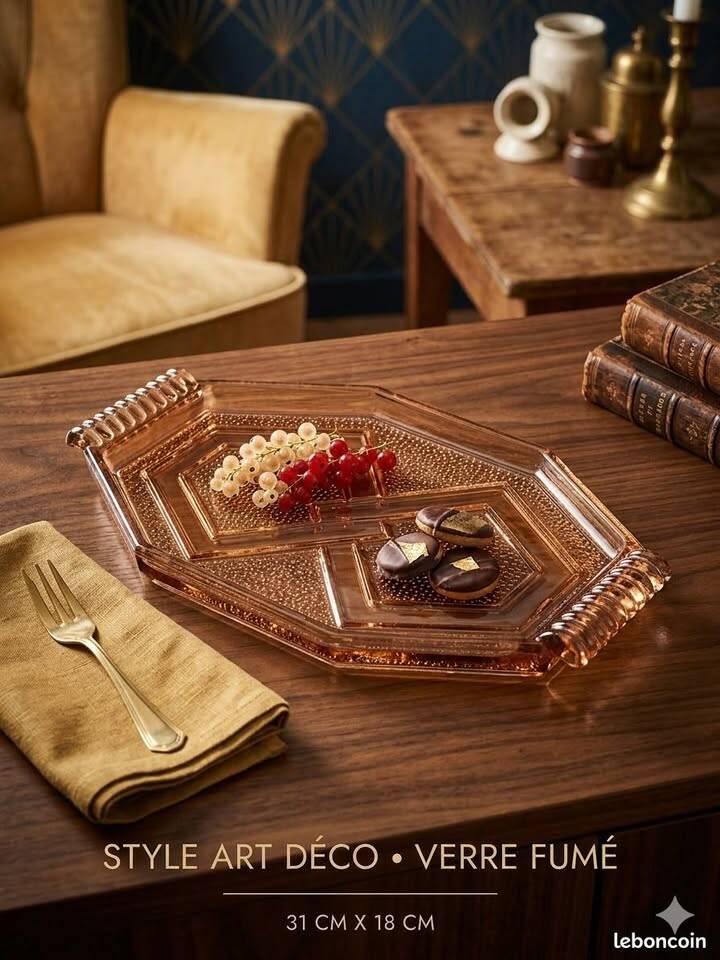 Rectangular Smoked Amber Glass Plate/Platter - Art Deco Style