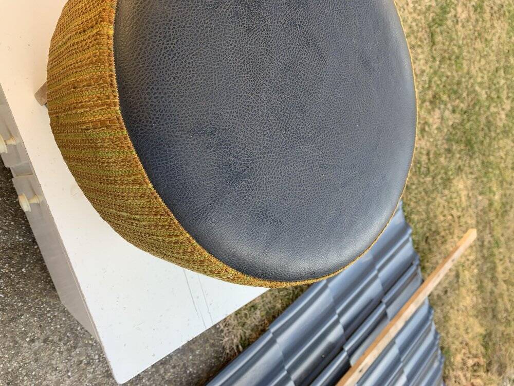 Black hexagonal pouf in fabric and faux leather, mid-century Hungarian ottoman from the 1950s.
