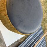 Black hexagonal pouf in fabric and faux leather, mid-century Hungarian ottoman from the 1950s.