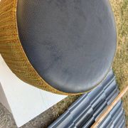 Black hexagonal pouf in fabric and faux leather, mid-century Hungarian ottoman from the 1950s.