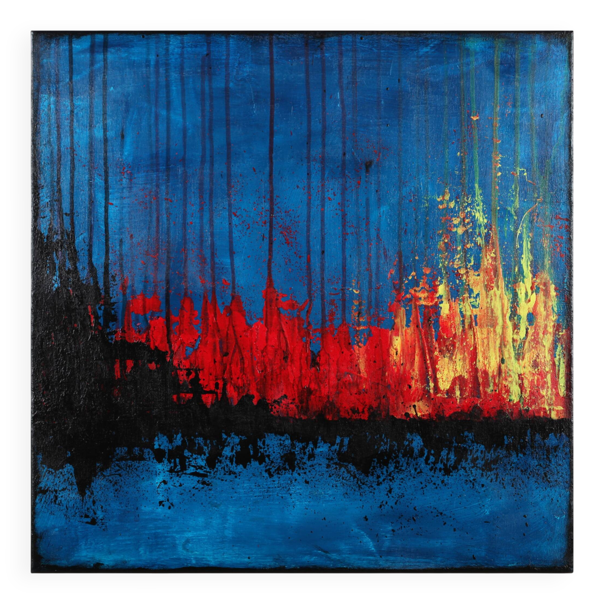 Contemporary abstract artwork in blue, red,black, yelow on stretched canvas