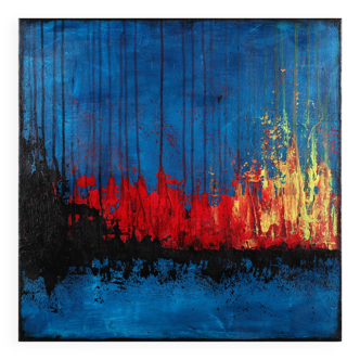 Contemporary abstract artwork in blue, red,black, yelow on stretched canvas