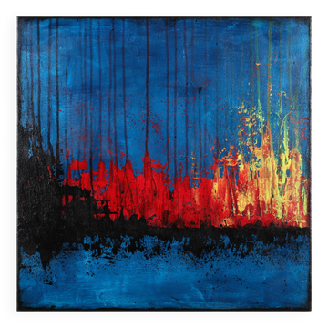 Œuvre d'art abstraite contemporaine en bleu, rouge, noir et jaune sur toile tendue