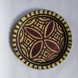 Extra-large enameled copper tray or catchall with ethnic tribal decoration.