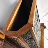 Vestiaire ancien cuivre et bois, meuble porte manteaux vintage pour entrée