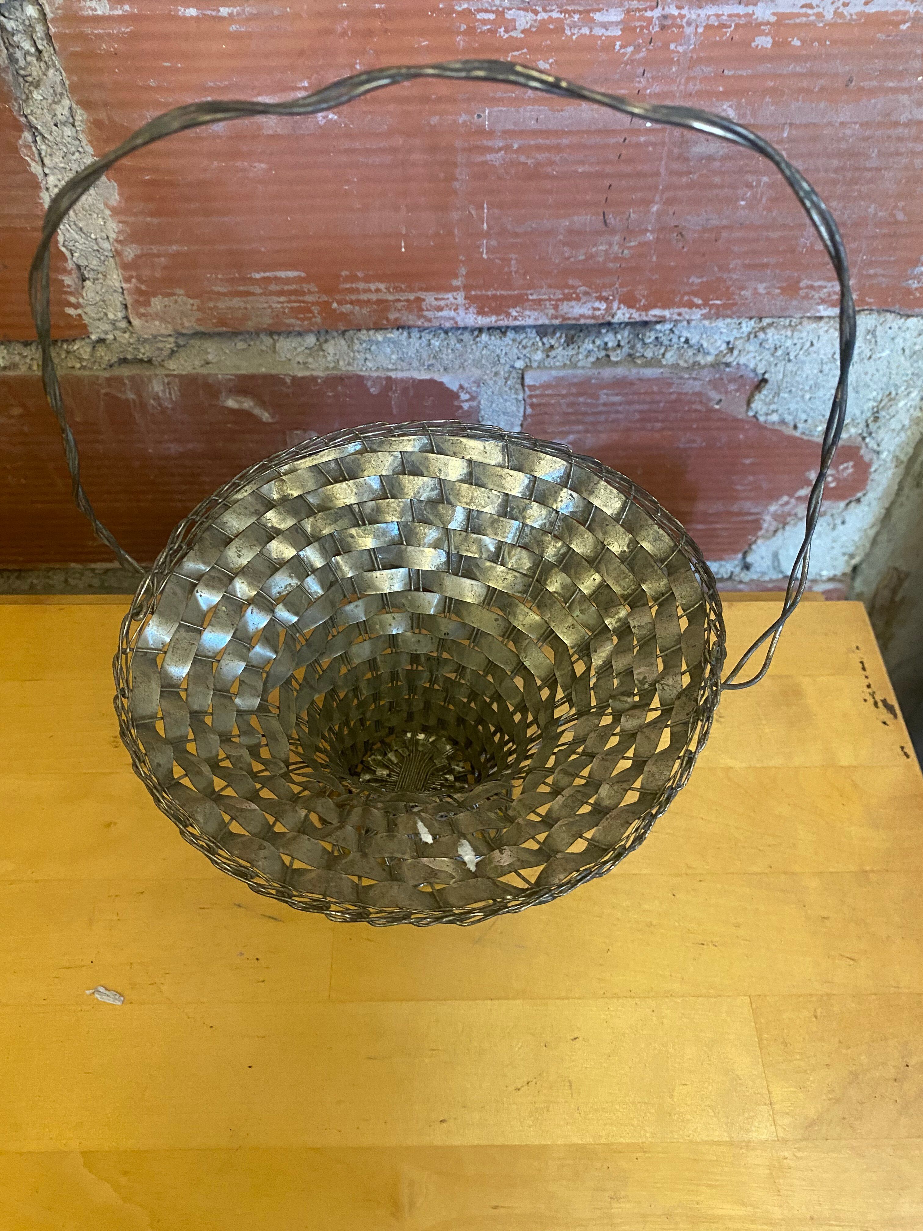 Panier Tressé Ancien Metal Argenté Vintage #E015