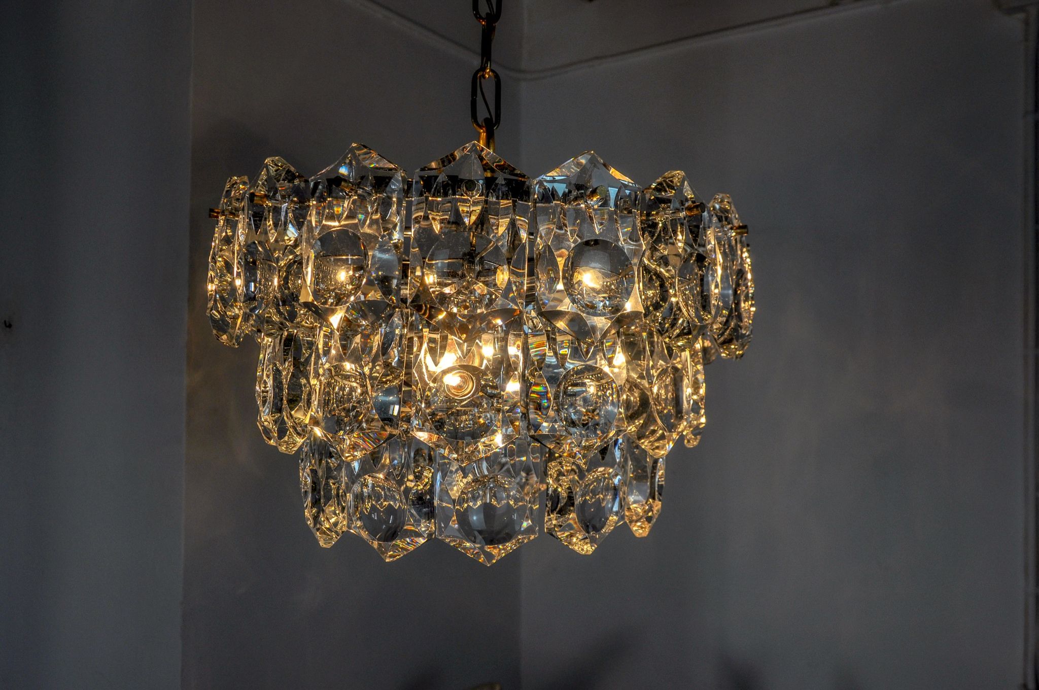 Golden Kinkeldey chandelier, cut glass, 3 levels, Germany, 1970