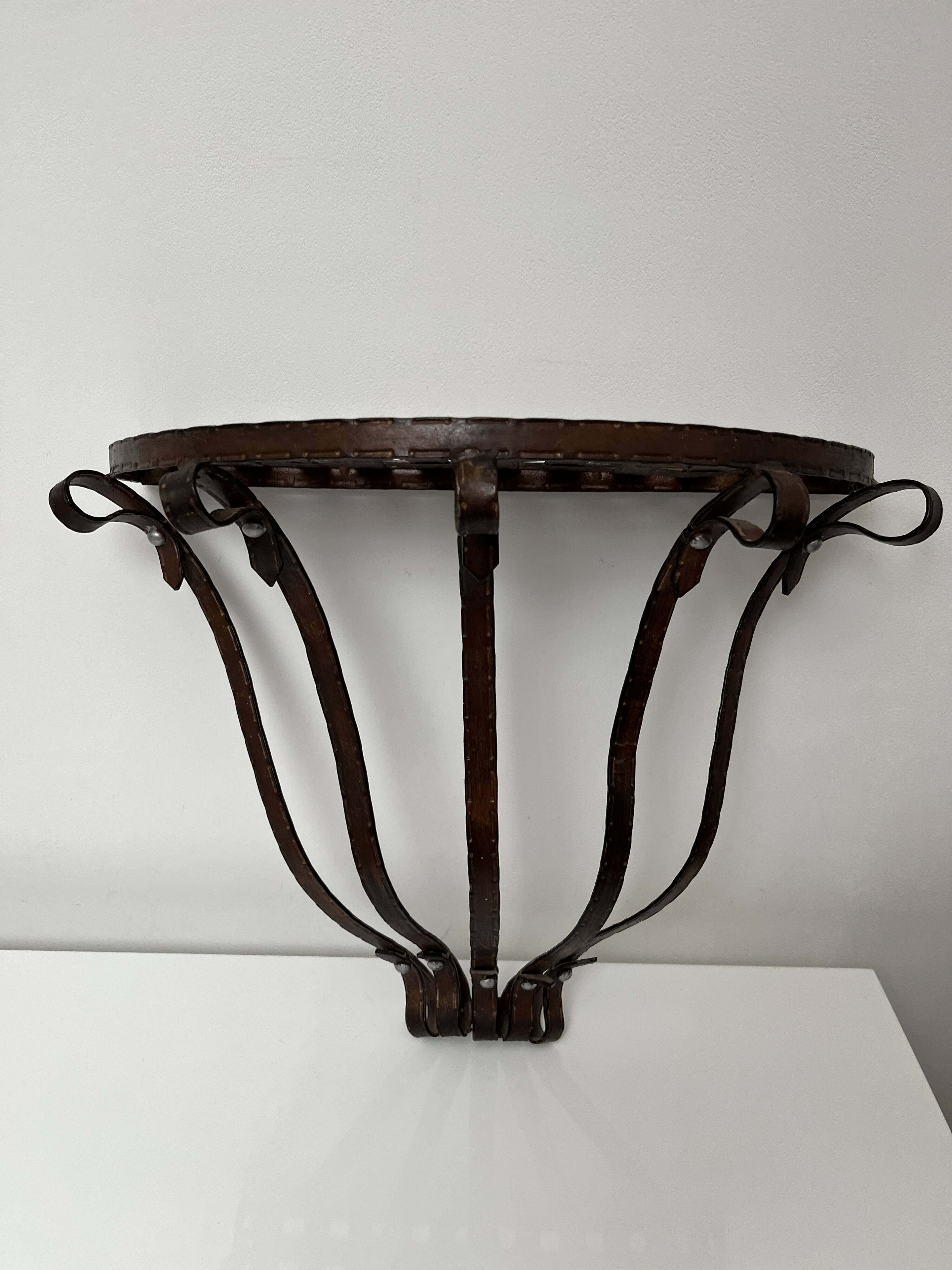 Small wall console Wrought iron trompe l'oeil stitched saddle leather