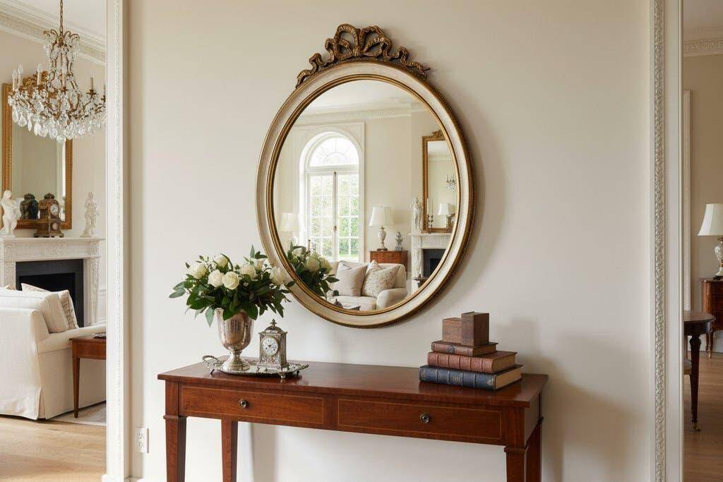Miroir mural ovale baroque vintage à décor de noeud