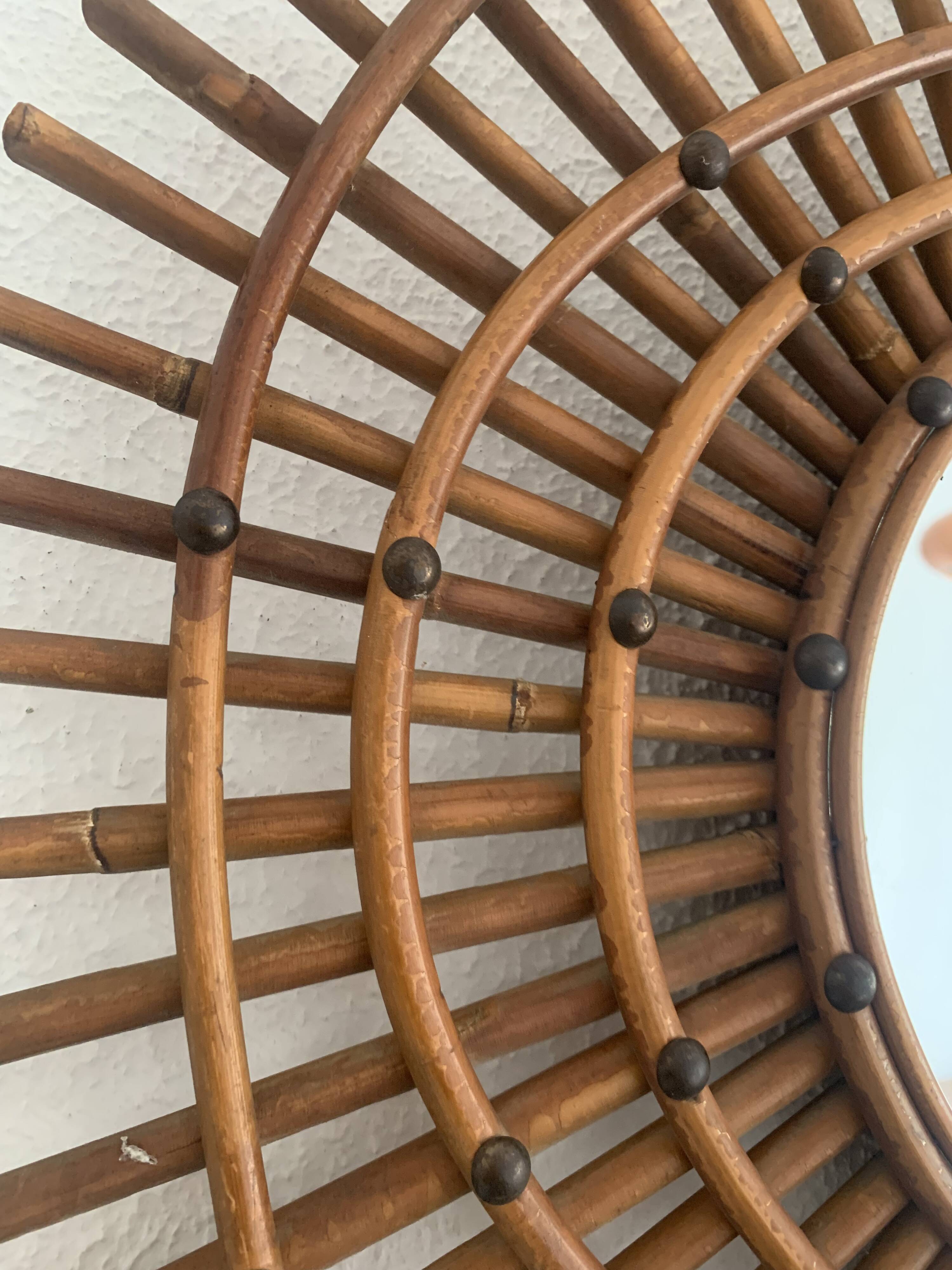 Vintage 1960s rattan sun mirror spiral - 80 x 62 cm
