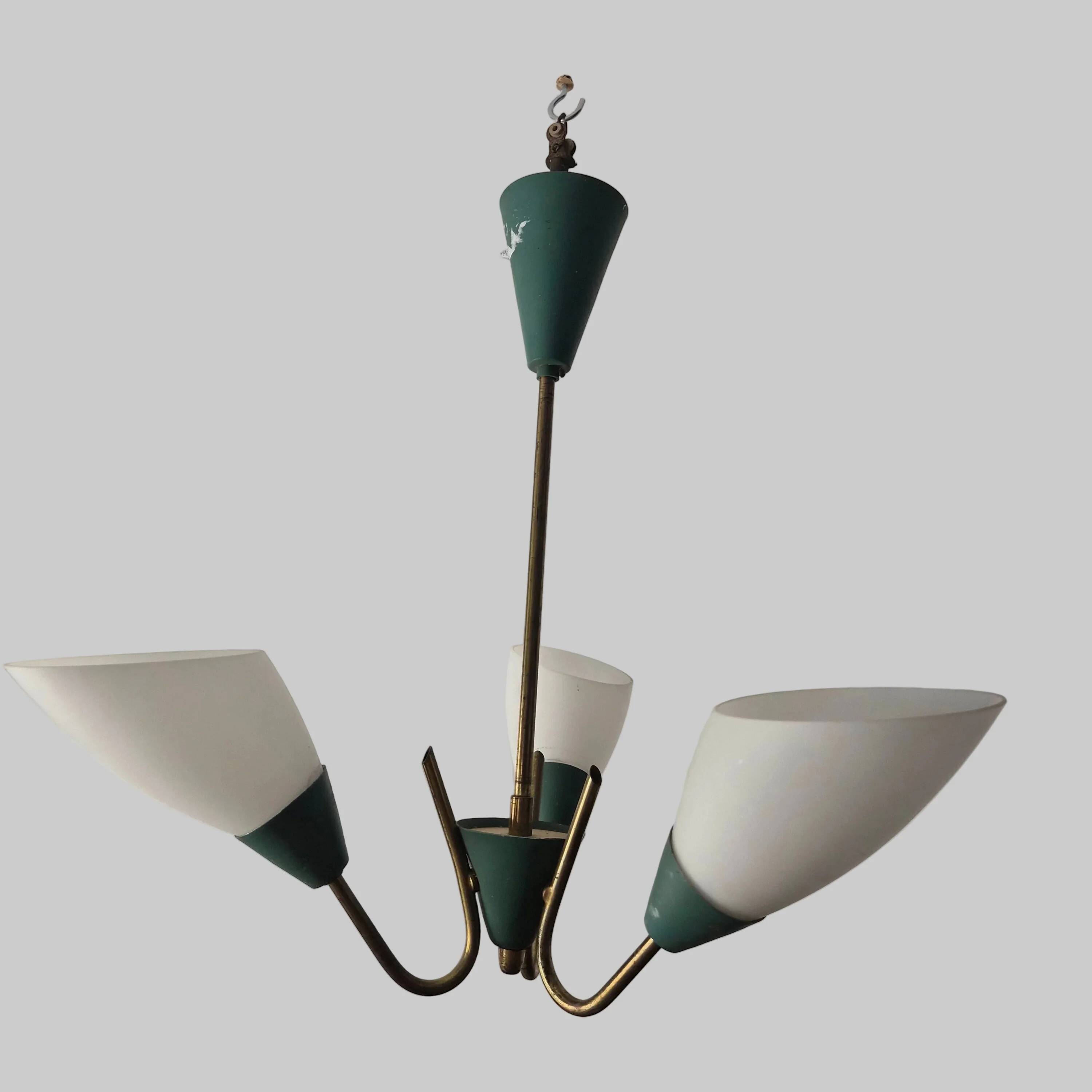 Three-arm brass and opaline suspension, Denmark, 1940