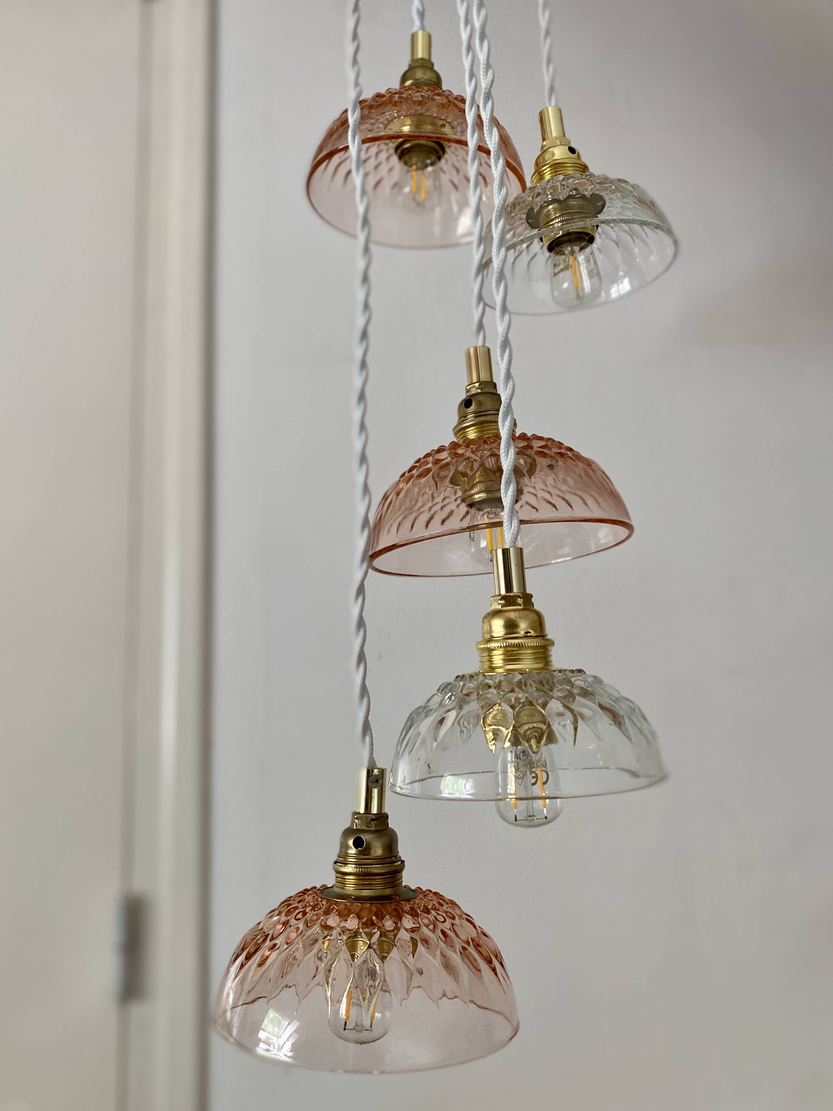 5-light waterfall pendant light with vintage pink and transparent glass shades