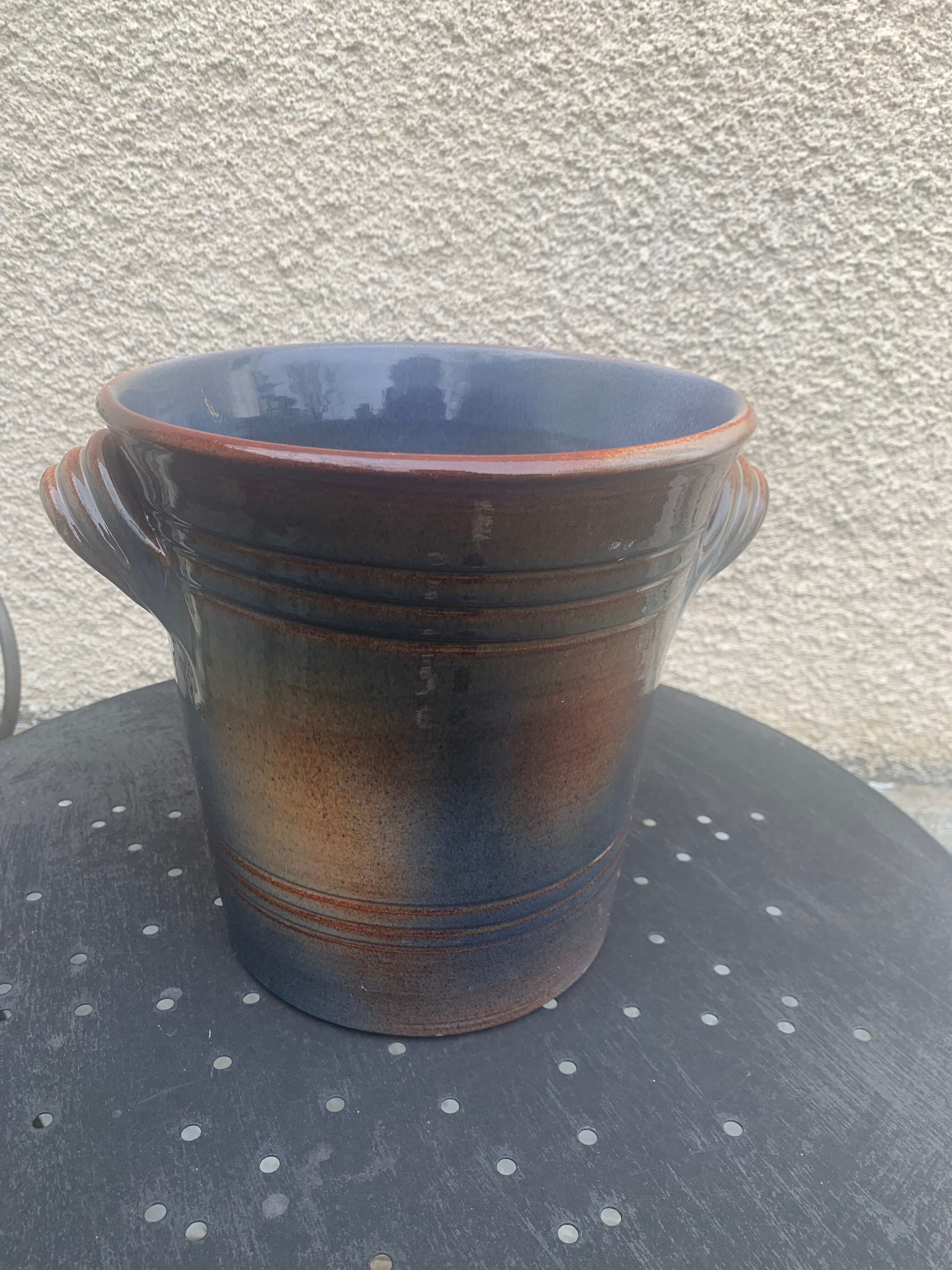 Champagne bucket in blue and beige glazed ceramic, vintage handmade
