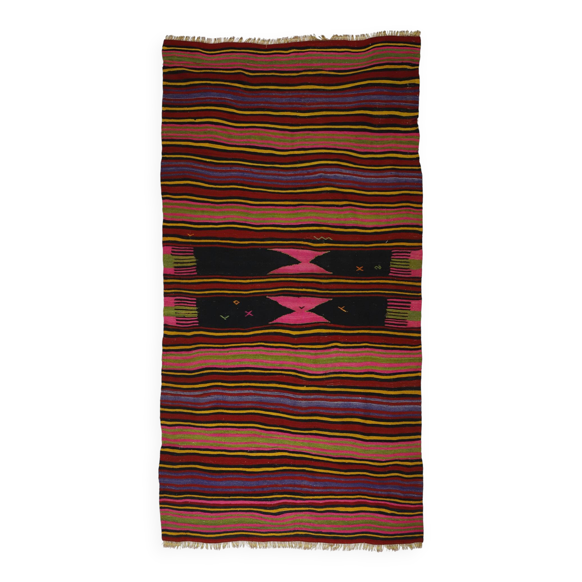 Kilim Oushak vintage striped pink and brown handmade 310 x 158 cm