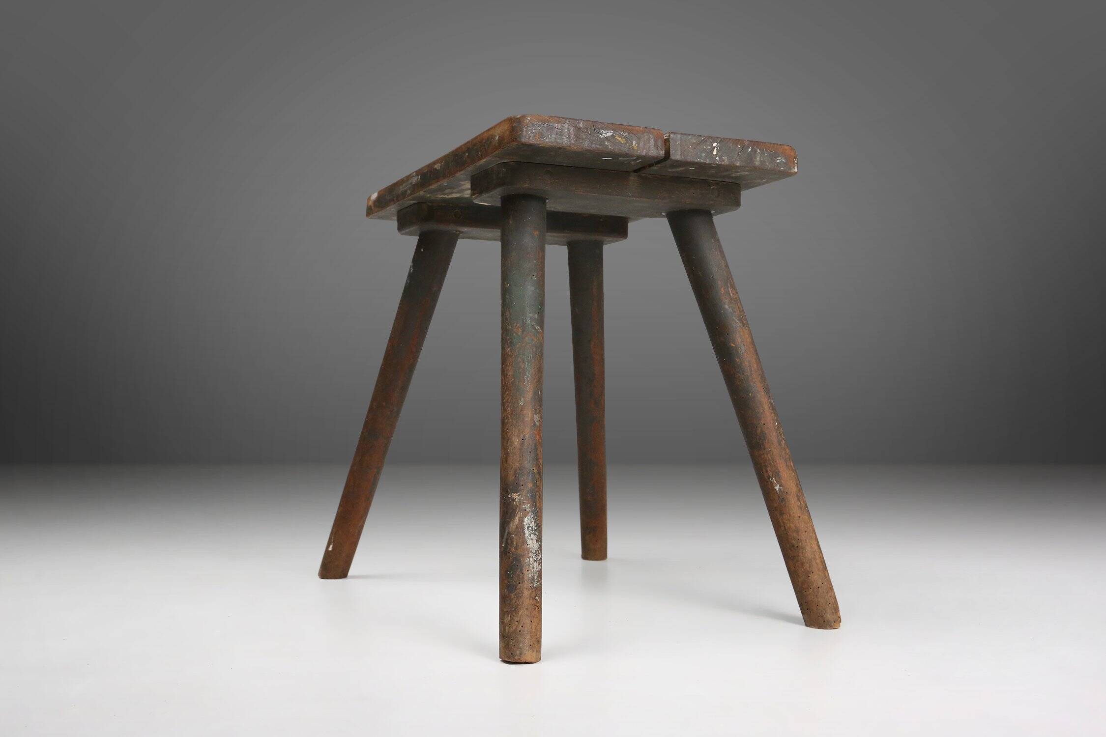 Industrial French Wooden Painters Stool, 1930s