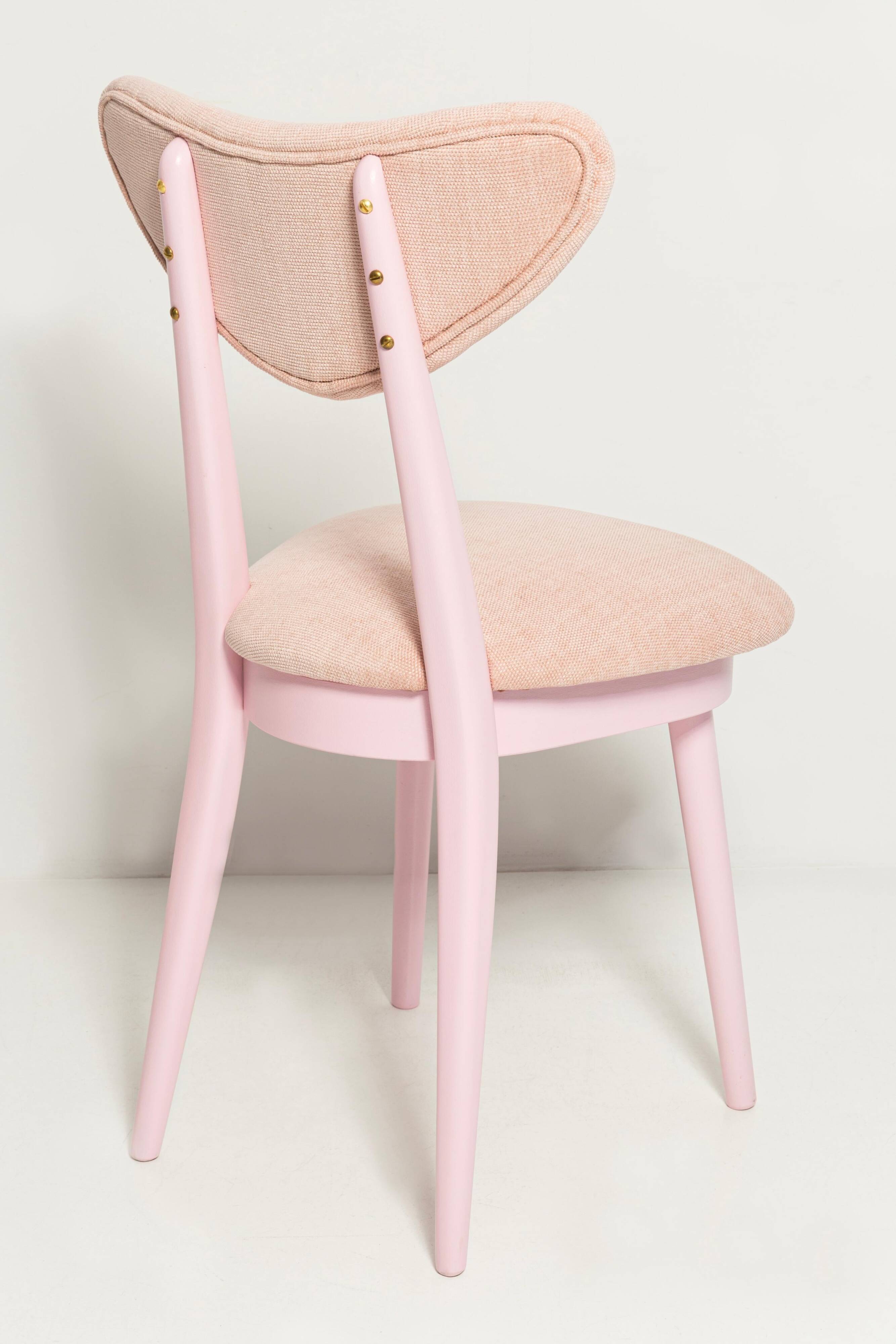 Mid-century heart-shaped chair, light pink chenille fabric, painted pink wood, Europe, 1960s.