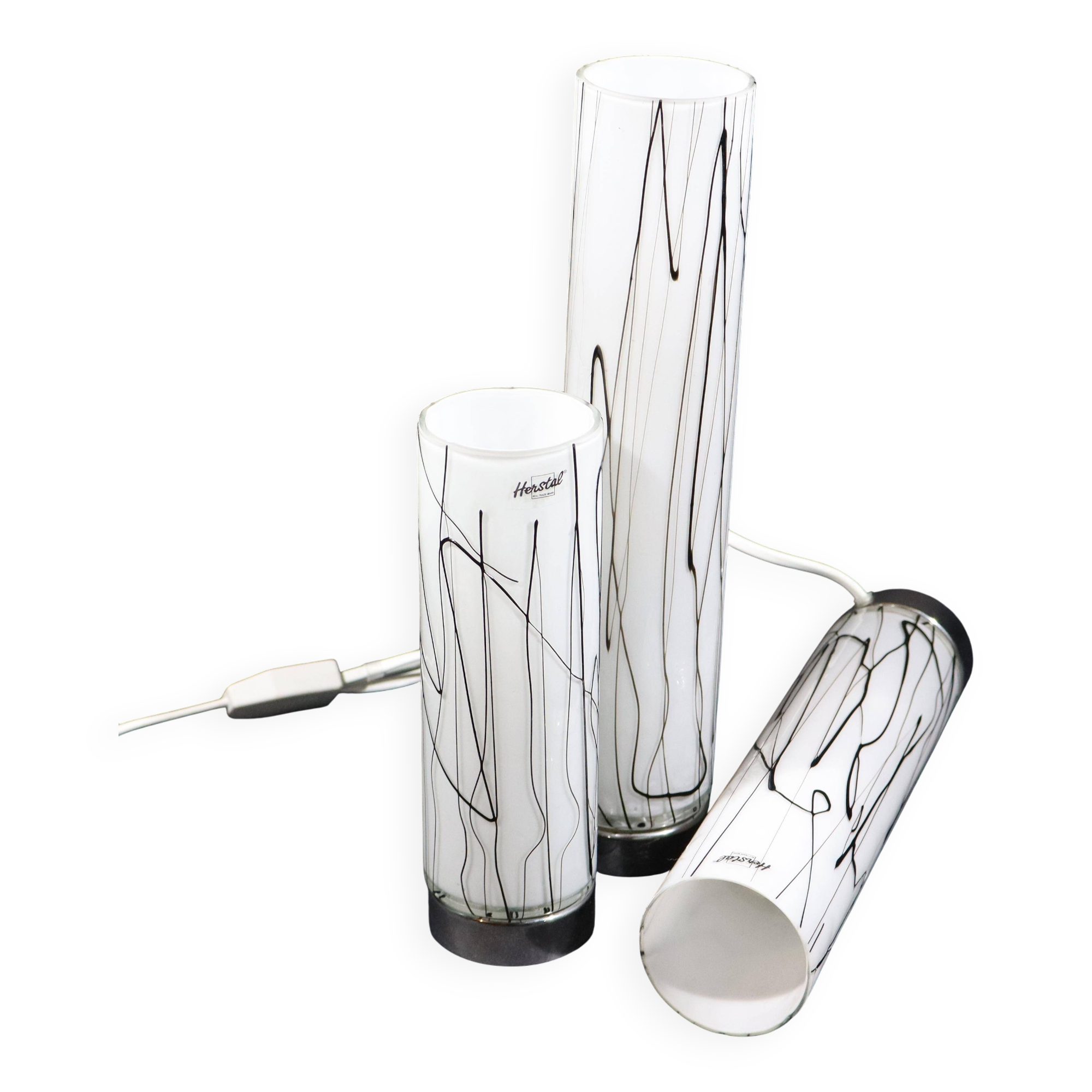 3 glass table lamps by Herstal, Denmark 1980