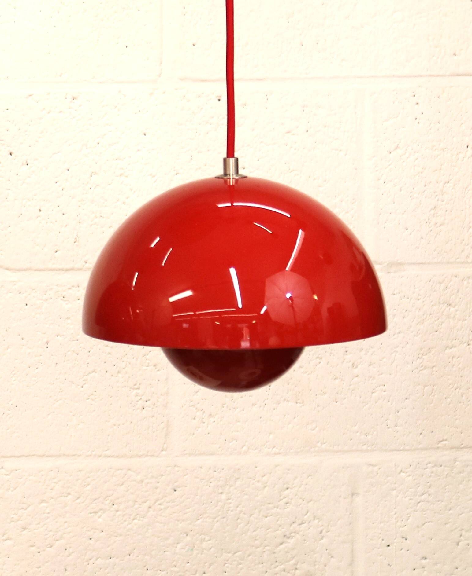 Iconic VP1 cherry red enamel flowerpot lamps designed by Verner Panton - &t