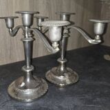 Pair of three-light candlesticks in silver-plated metal
