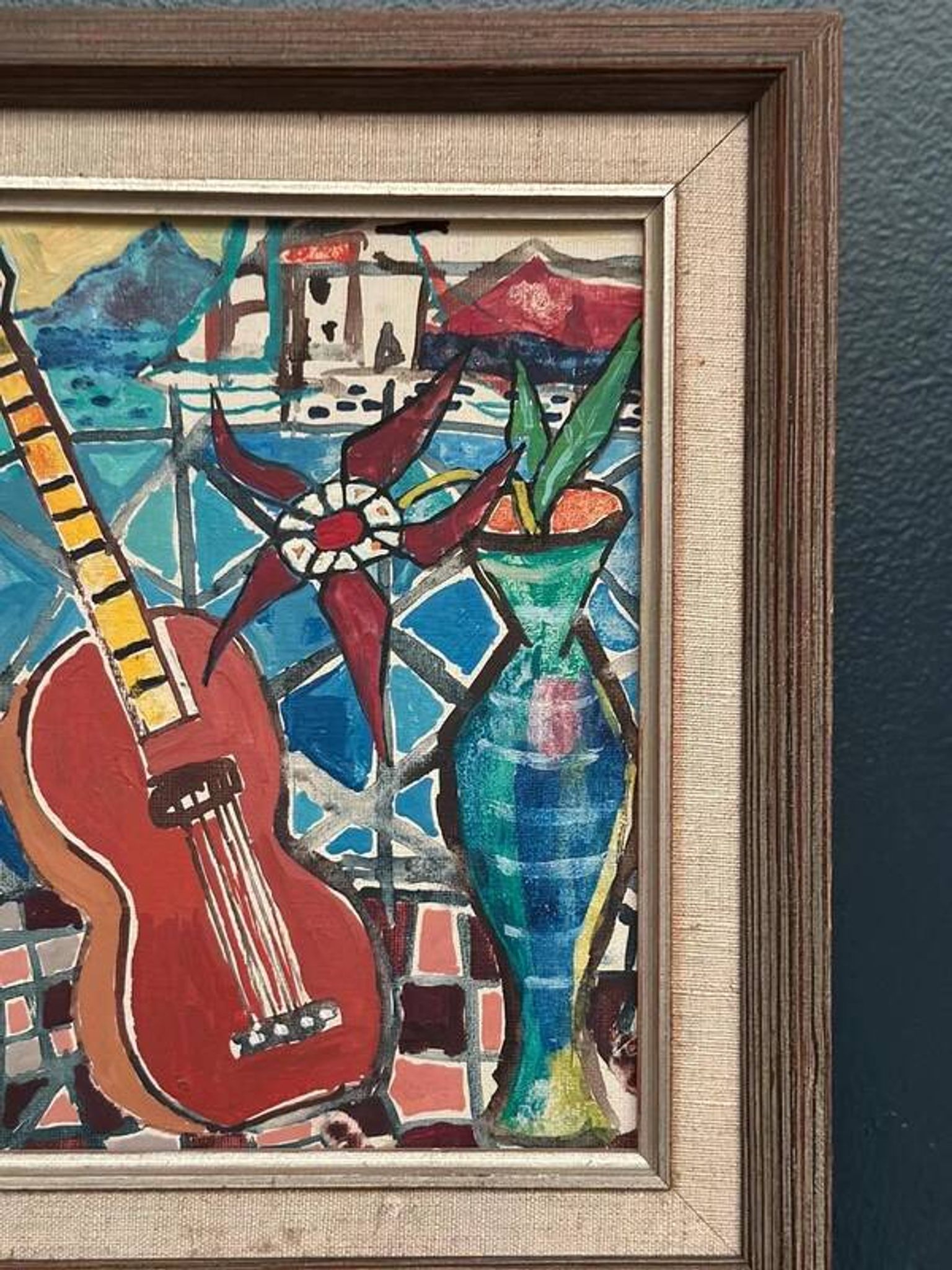 Swedish oil on canvas “Still life with guitar” by Josef José vintage 25×31cm