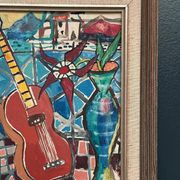 Swedish oil on canvas “Still life with guitar” by Josef José vintage 25×31cm